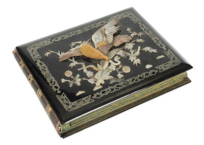 Lot 403 - A 20TH CENTURY CHINESE LACQUERWORK AND MOTHER OF PEARL INLAID POSTCARD ALBUM