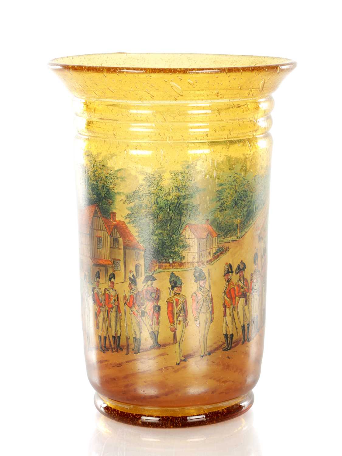 Lot 10 - A LATE 19TH CENTURY AMBER SODA GLASS VASE WITH ENAMELLED SCENE TO THE FRONT