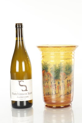 Lot 10 - A LATE 19TH CENTURY AMBER SODA GLASS VASE WITH ENAMELLED SCENE TO THE FRONT