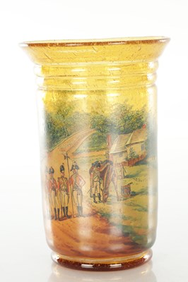 Lot 10 - A LATE 19TH CENTURY AMBER SODA GLASS VASE WITH ENAMELLED SCENE TO THE FRONT