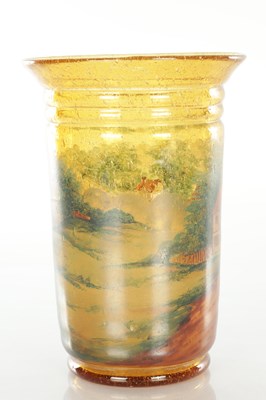 Lot 10 - A LATE 19TH CENTURY AMBER SODA GLASS VASE WITH ENAMELLED SCENE TO THE FRONT