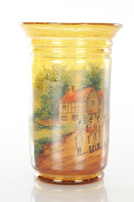 Lot 10 - A LATE 19TH CENTURY AMBER SODA GLASS VASE WITH ENAMELLED SCENE TO THE FRONT