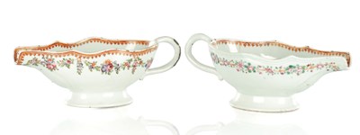 Lot 1717 - A PAIR OF CHINESE PORCELAIN ROSE PATTERN SAUCE BOATS