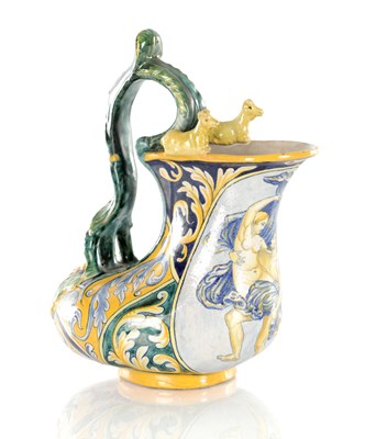 Lot 1679 - A 19TH CENTURY ITALIAN MAJOLICA ASKOS JUG