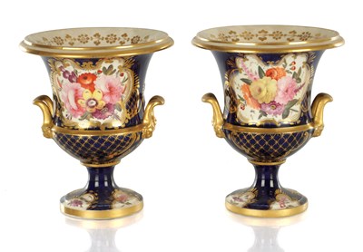 Lot 1671 - A PAIR OF ROYAL DERBY CERAMIC URN SHAPED VASES
