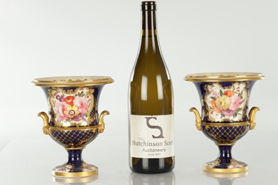 Lot 18 - A PAIR OF ROYAL DERBY CERAMIC URN SHAPED VASES