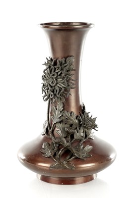 Lot 604 - A LARGE JAPANESE MEIJI PERIOD PATINATED BRONZE RELIEF MOULDED VASE