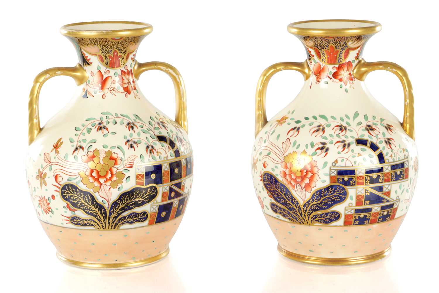 Lot 40 - A PAIR OF 19TH CENTURY COPELAND SPODE IMARI PATTERN CERAMIC ENGLISH BOTTLE VASES