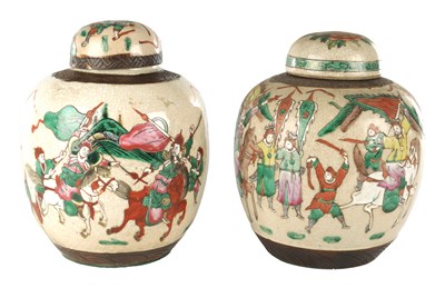 Lot 1704 - A MATCHED PAIR OF 19TH CENTURY CHINESE CRACKLE GLAZE PORCELAIN GINGER GAR AND COVER