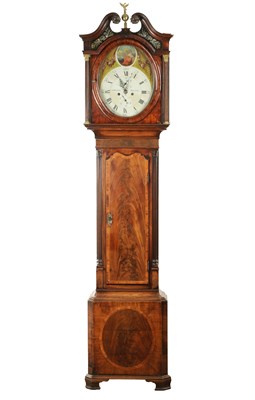 Lot 1385 - J. BOOTH, BOLTON. A GEORGE III FLAMED MAHOGANY PAINTED OVAL DIAL EIGHT-DAY QUARTER STRIKING LONGCASE CLOCK