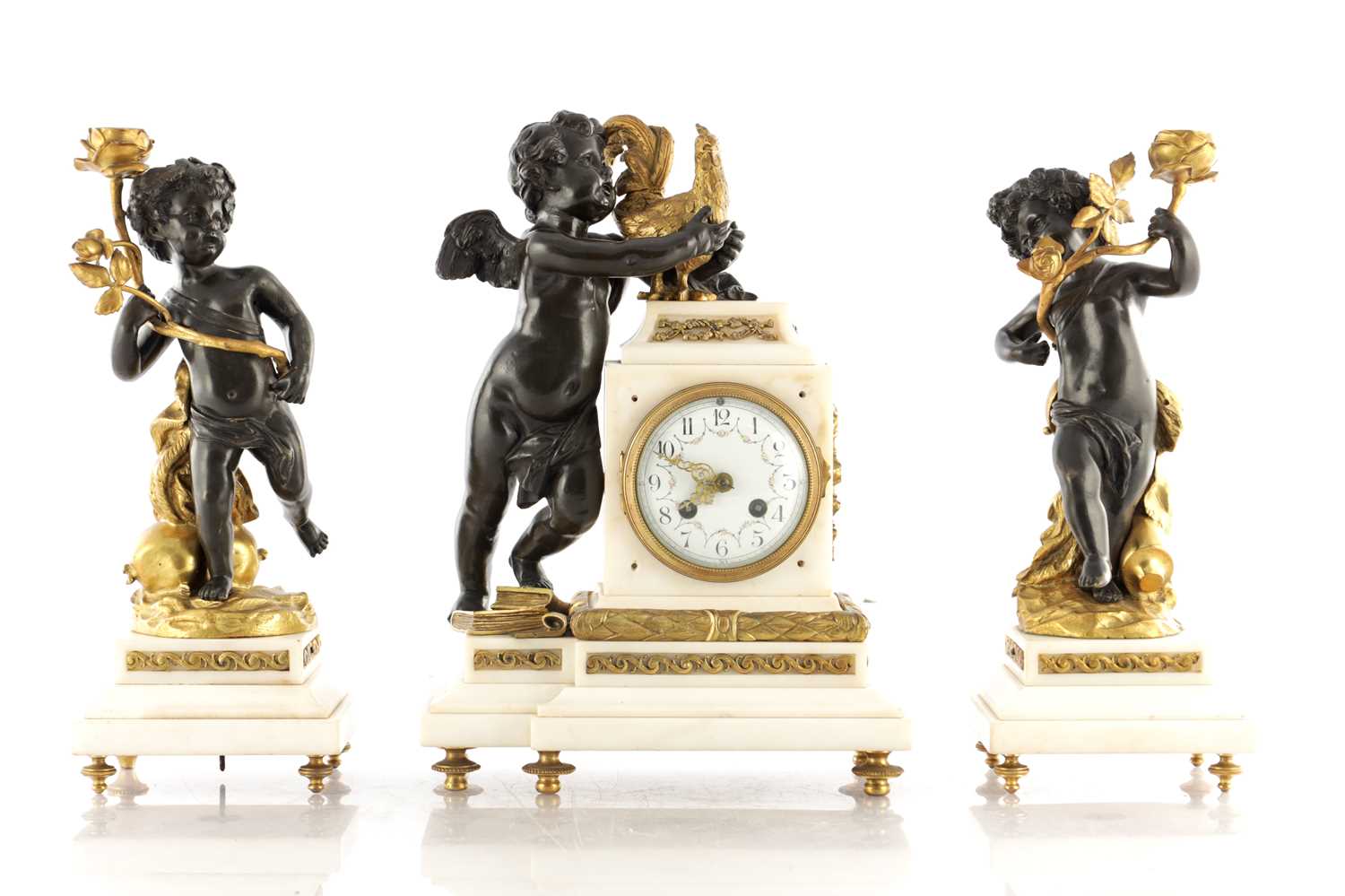 Lot 1583 - A 19TH CENTURY BRONZE, ORMOLU AND WHITE MARBLE THREE PIECE FRENCH CLOCK SET BRONZES SIGNED CLODION