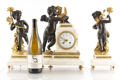 Lot 1583 - A 19TH CENTURY BRONZE, ORMOLU AND WHITE MARBLE THREE PIECE FRENCH CLOCK SET BRONZES SIGNED CLODION