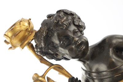 Lot 1583 - A 19TH CENTURY BRONZE, ORMOLU AND WHITE MARBLE THREE PIECE FRENCH CLOCK SET BRONZES SIGNED CLODION