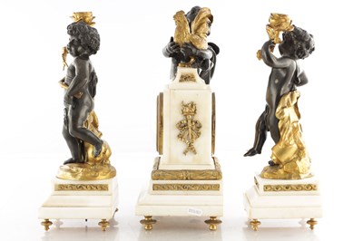 Lot 1583 - A 19TH CENTURY BRONZE, ORMOLU AND WHITE MARBLE THREE PIECE FRENCH CLOCK SET BRONZES SIGNED CLODION
