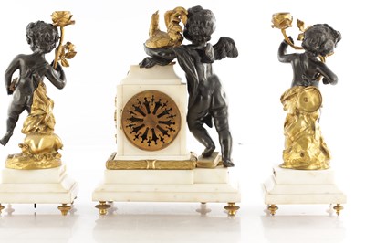 Lot 1583 - A 19TH CENTURY BRONZE, ORMOLU AND WHITE MARBLE THREE PIECE FRENCH CLOCK SET BRONZES SIGNED CLODION