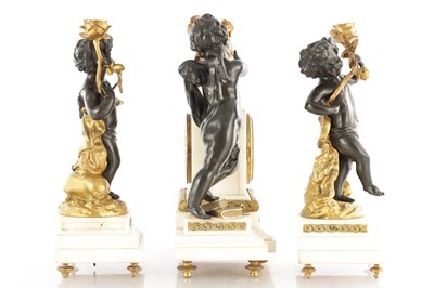 Lot 1583 - A 19TH CENTURY BRONZE, ORMOLU AND WHITE MARBLE THREE PIECE FRENCH CLOCK SET BRONZES SIGNED CLODION