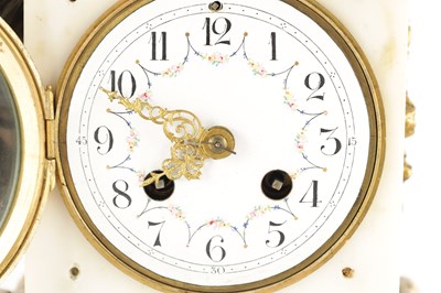 Lot 1583 - A 19TH CENTURY BRONZE, ORMOLU AND WHITE MARBLE THREE PIECE FRENCH CLOCK SET BRONZES SIGNED CLODION