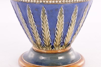 Lot 19 - A DOULTON LAMBETH STONEWARE TAPERED SHOULDERED VASE WITH SLENDER NECK AND FLARED RIM
