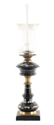Lot 920 - A 19TH CENTURY CERAMIC BLACK GLAZED AND WHITE ENAMEL OIL LAMP