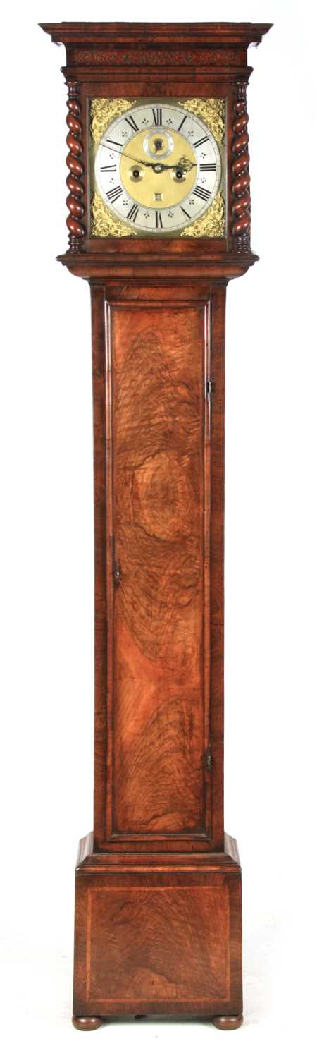 Lot 1171 - SAMUEL GASCOINE LONDON. AN EARLY 18TH CENTURY AND LATER 10” HERRING-BANDED FIGURED WALNUT EIGHT-DAY LONGCASE CLOCK