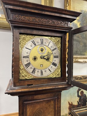 Lot 1171 - SAMUEL GASCOINE LONDON. AN EARLY 18TH CENTURY AND LATER 10” HERRING-BANDED FIGURED WALNUT EIGHT-DAY LONGCASE CLOCK