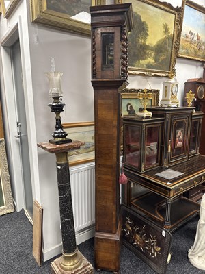 Lot 1171 - SAMUEL GASCOINE LONDON. AN EARLY 18TH CENTURY AND LATER 10” HERRING-BANDED FIGURED WALNUT EIGHT-DAY LONGCASE CLOCK