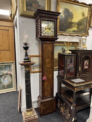 Lot 1171 - SAMUEL GASCOINE LONDON. AN EARLY 18TH CENTURY AND LATER 10” HERRING-BANDED FIGURED WALNUT EIGHT-DAY LONGCASE CLOCK