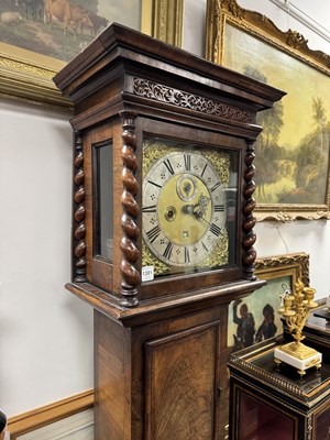 Lot 1171 - SAMUEL GASCOINE LONDON. AN EARLY 18TH CENTURY AND LATER 10” HERRING-BANDED FIGURED WALNUT EIGHT-DAY LONGCASE CLOCK