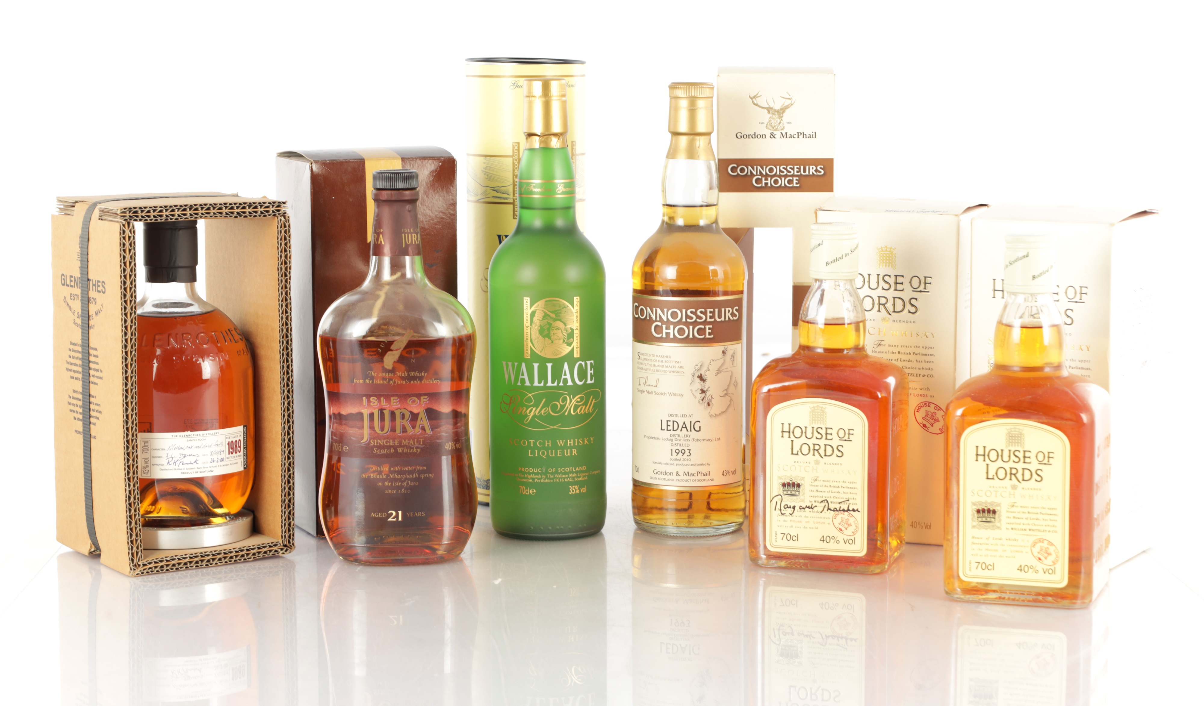Six-bottle collection of Glenrothes, Ledaig, Isle of Jura and other Scotch whisky sold by Hutchinson Scott