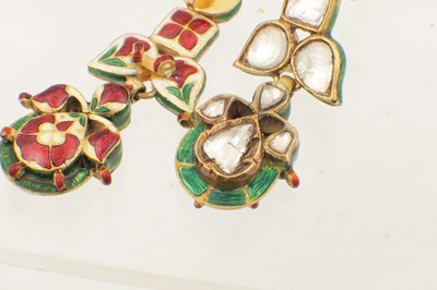 Lot 144 - A PAIR OF GOLD AND ENAMEL HAND CUT DIAMOND SET PENDANT EARRINGS