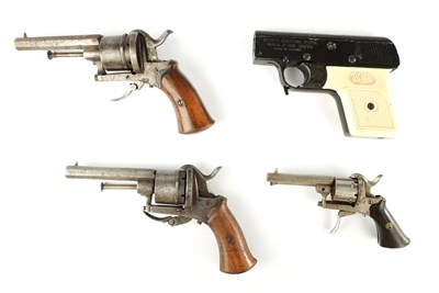Lot 485 - A PAIR OF BELGIUM 8MM PIN FIRE SIX SHOT REVOLVERS, AND TWO PISTOLS