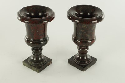 Lot 594 - A PAIR OF 19TH CENTURY SERPENTINE MARBLE URNS