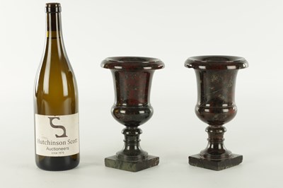 Lot 594 - A PAIR OF 19TH CENTURY SERPENTINE MARBLE URNS