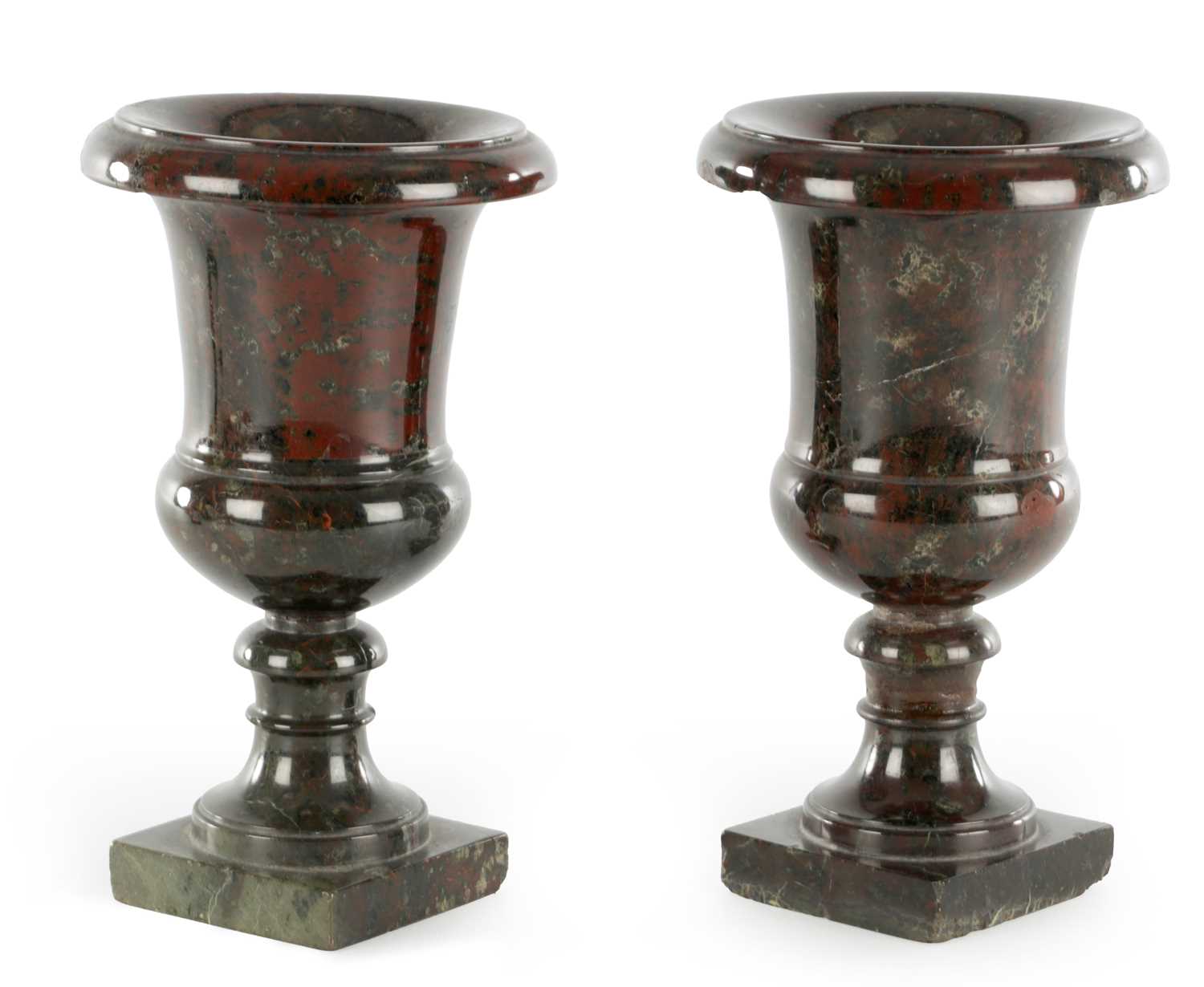 Lot 594 - A PAIR OF 19TH CENTURY SERPENTINE MARBLE URNS
