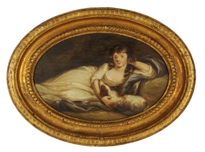 Lot 854 - AN 18TH CENTURY OIL ON BOARD OF A YOUNG GIRL WITH DOG