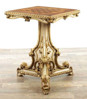 Lot 1125 - A GOOD REGENCY PAINTED, CARVED WOOD AND PARQUETRY INLAID GAMES TABLE IN THE MANNER OF HENRY HOLLAND