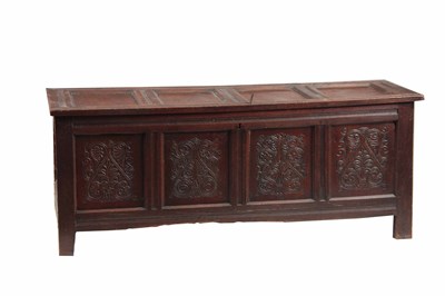 Lot 132 - A 17TH CENTURY JOINED OAK FOUR PLANK WESTMORELAND COFFER