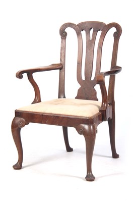 Lot 1150 - A 19TH CENTURY GEORGE I STYLE WALNUT OPEN ARMCHAIR