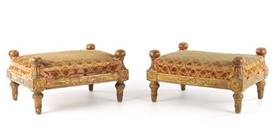Lot 1281 - A PAIR OF EARLY 19TH CENTURY CARVED GILT WOOD FOOTSTOOLS