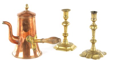 Lot 176 - A GEORGE III SEAMED COPPER COFFEE POT TOGETHER WITH TWO 18TH CENTURY CAST BRASS CANDLESTICKS
