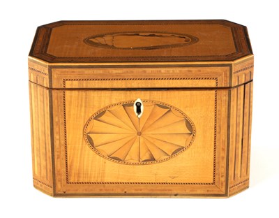 Lot 722 - A GEORGE III SATINWOOD AND SHELL INLAID TEA CADDY