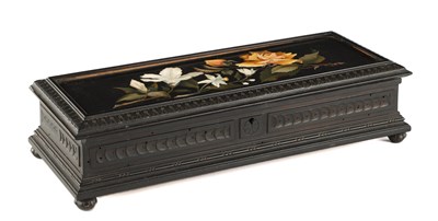 Lot 672 - A 19TH CENTURY EBONISED FLORENTINE PIETRA DURA MARBLE JEWELLERY CASKET