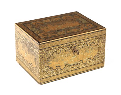 Lot 121 - A 19TH CENTURY CHINESE EXPORT CHINOISERIE LACQUERWORK TEA CADDY