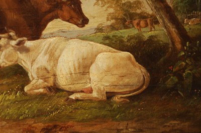 Lot 668 - ATT. THOMAS SIDNEY COOPER (BRITISH 1803 - 1902) A 19TH CENTURY OIL ON CANVAS CATTLE IN A TREE-LINED LANDSCAPE
