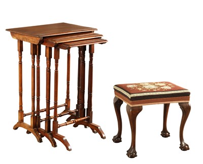 Lot 1645 - A 19TH CENTURY NEST OF MAHOGANY TABLES AND A MAHOGANY UPHOLSTERED STOOL