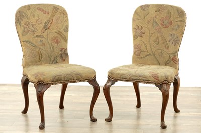 Lot 333 - A PAIR OF QUEEN ANNE STYLE WALNUT SIDE CHAIRS WITH TAPESTRY UPHOLSTERY