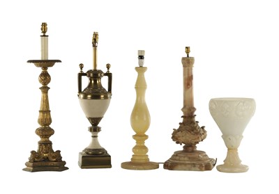 Lot 367 - A COLLECTION OF FIVE ALABASTER AND GILT BRASS TABLE LAMPS