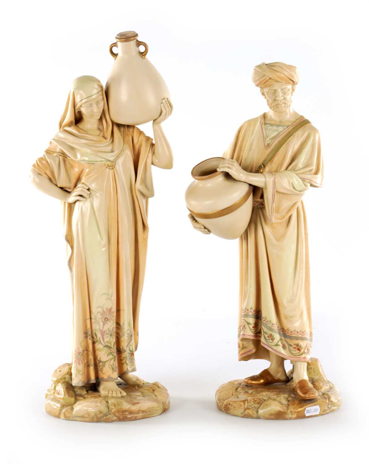 Lot 44 - A PAIR OF LATE 19TH CENTURY ROYAL WORCESTER PORCELAIN FIGURES OF WATER CARRIERS