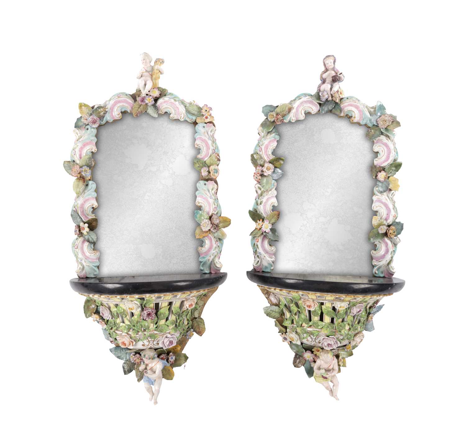 Lot 35 - A PAIR OF MEISSEN STYLE PORCELAIN HANGING MIRRORS