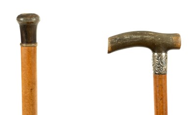 Lot 32 - TWO 19TH CENTURY HORN HANDLED MALLACCA WALKING STICKS